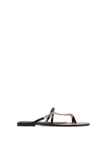 FLAT LEATHER SANDALS WITH CHAIN TRIM