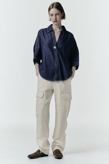 Zara Z1975 GOLD APPLIQUÉ DENIM SHIRT - Blue