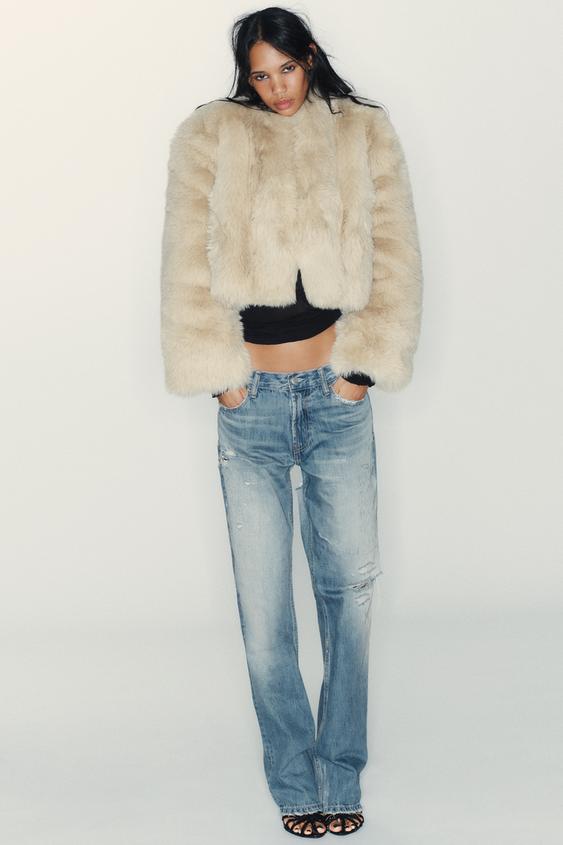 SHORT FAUX FUR COAT - Beige by Zara - Image 0