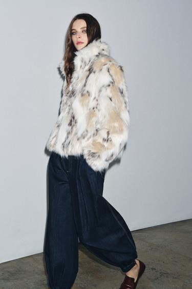 Zara ZW COLLECTION FAUX FUR JACKET - Black / Ecru