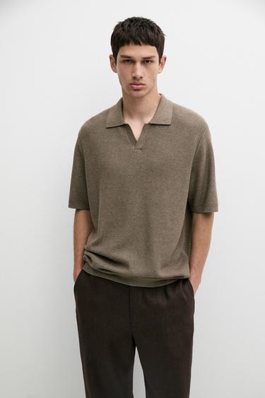 Polo en maille col V coton mélangé -  de Zara