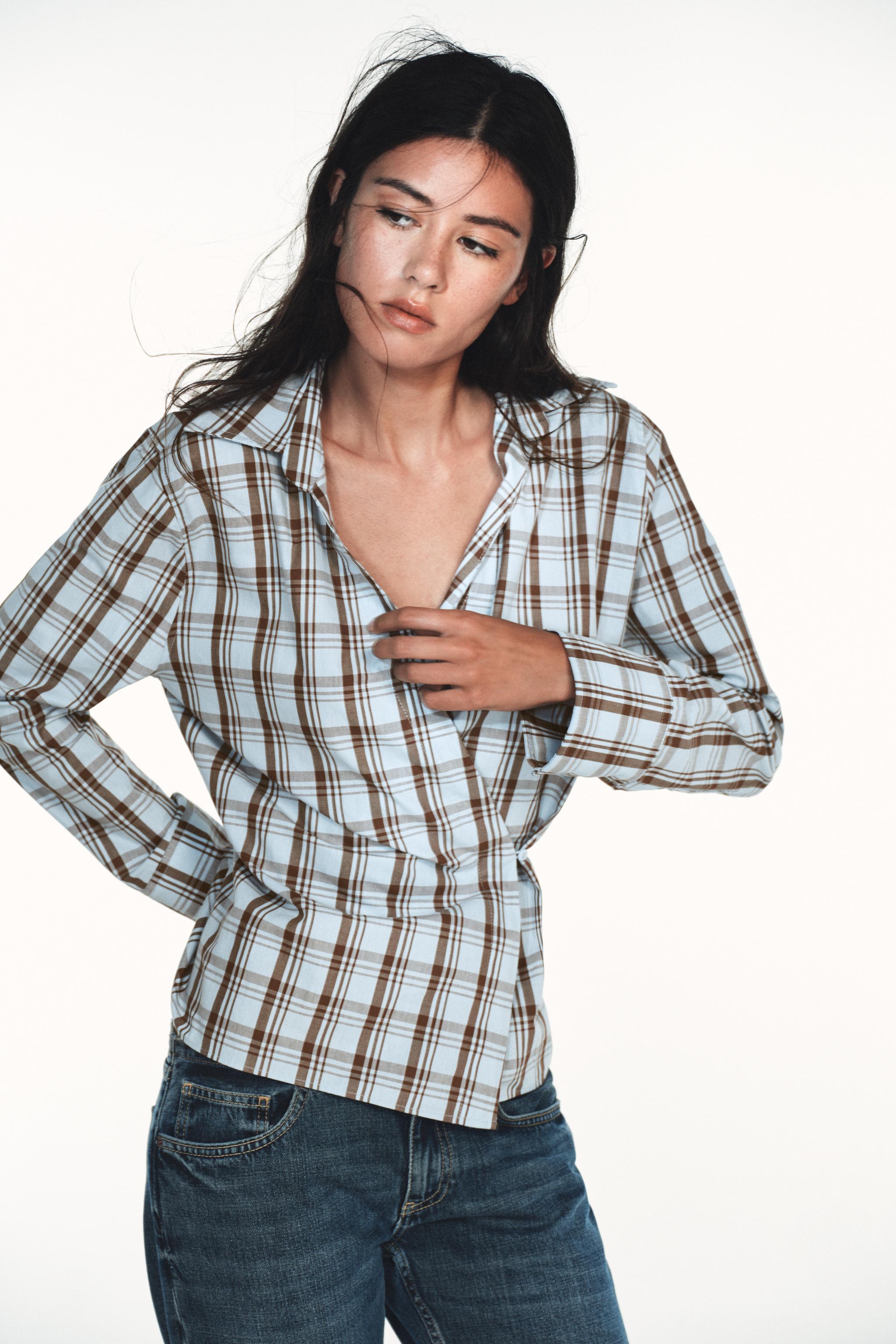 CHECK POPLIN WRAP SHIRT — Brown-Blue