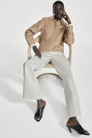 Zara 100% LEATHER FITTED BLAZER - Stone