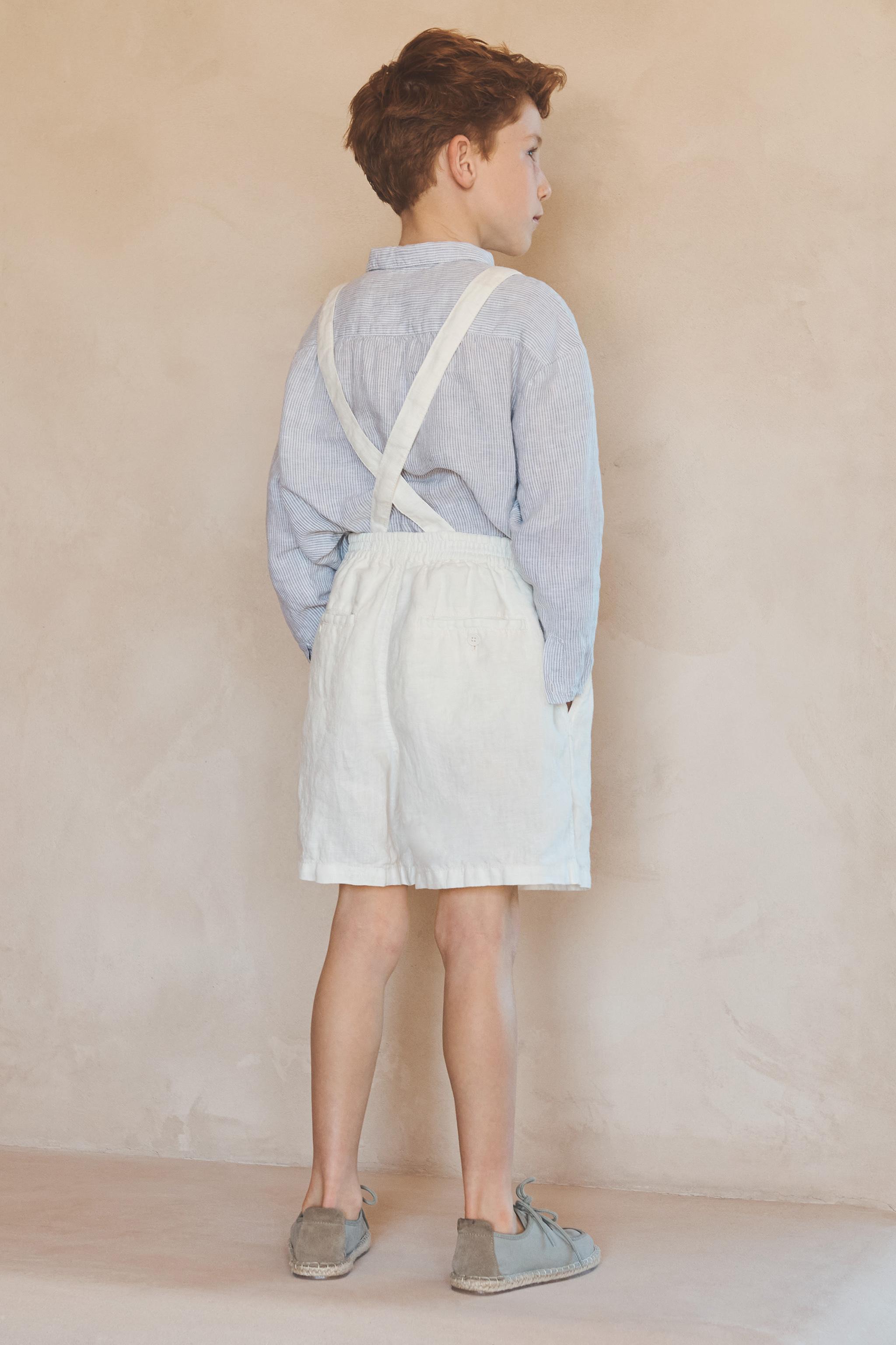 6-10 YEARS / 100% LINEN BERMUDA SHORTS WITH REMOVABLE BRACES LIMITED EDITION — Ecru
