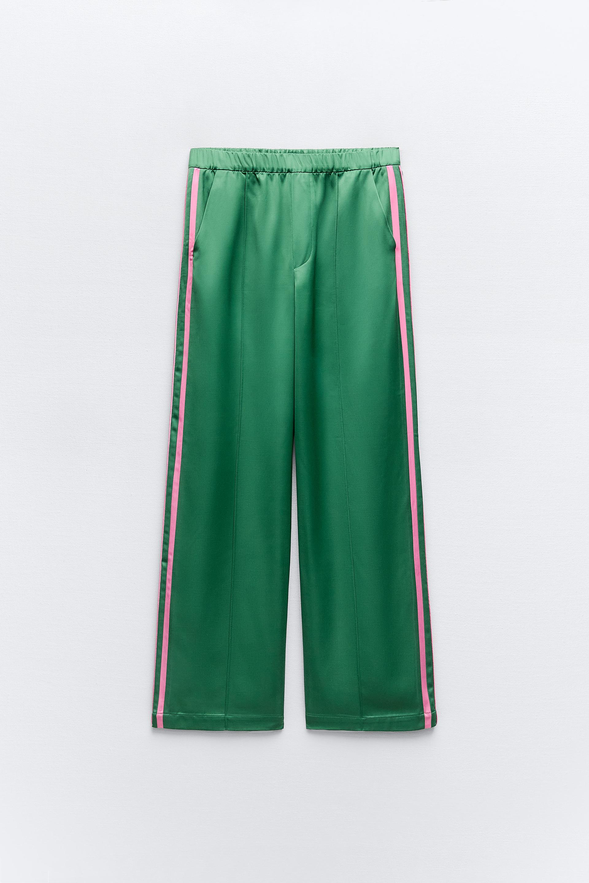 STRIPED SATIN EFFECT PANTS - Moss green