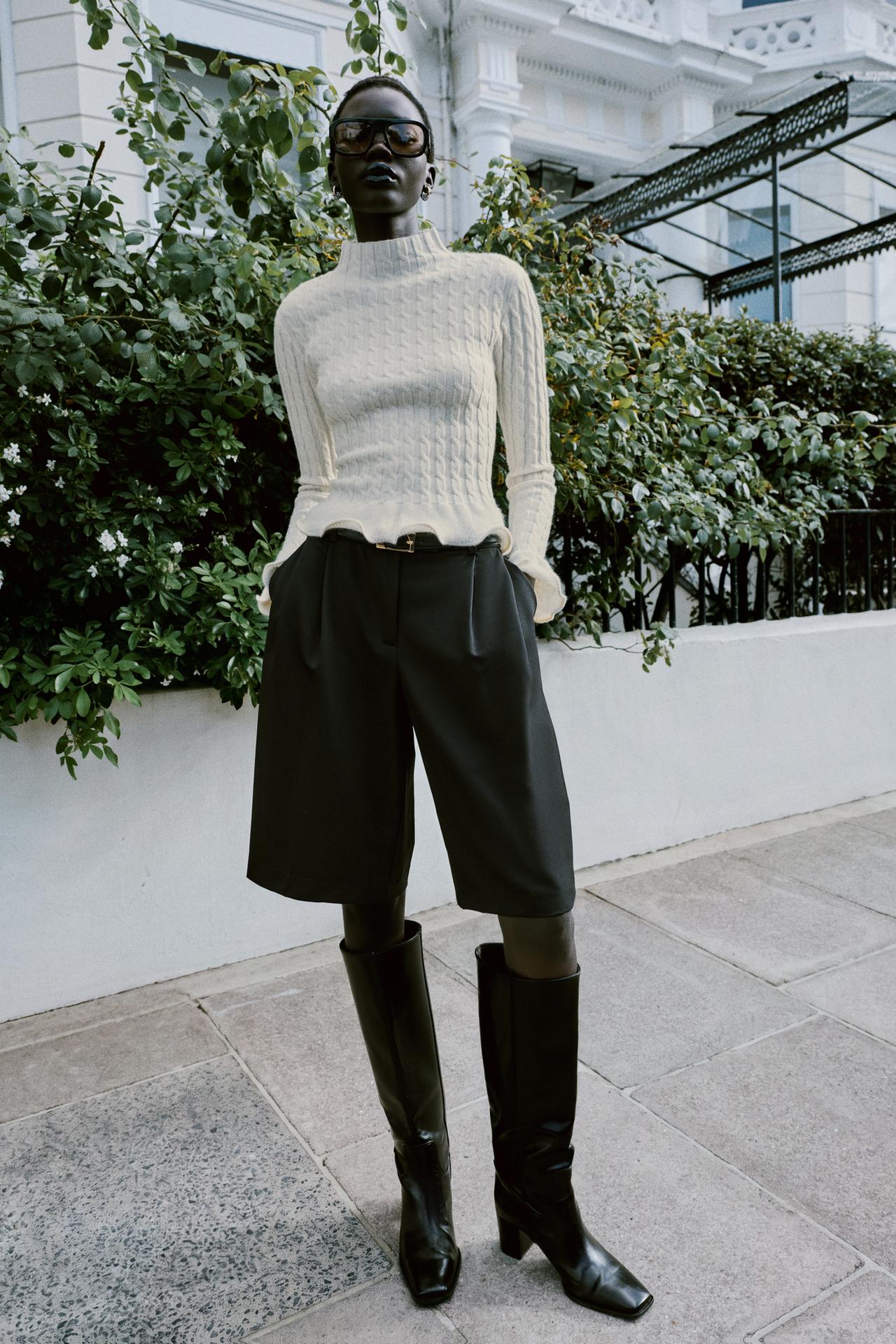 CABLE KNIT RUFFLE SWEATER — Ecru
