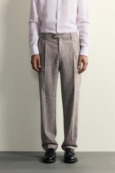 WOOL BLEND CHECK SUIT TROUSERS WITH PLEATS - Light grey by Zara
