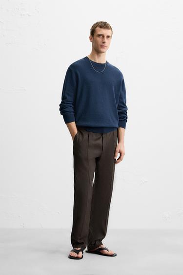 Zara 100% 亞麻細褶長褲 - 巧克力色