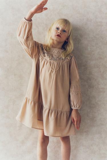 VELVET DRESS WITH LACE TRIM AND SEQUINS - Beige by Zara