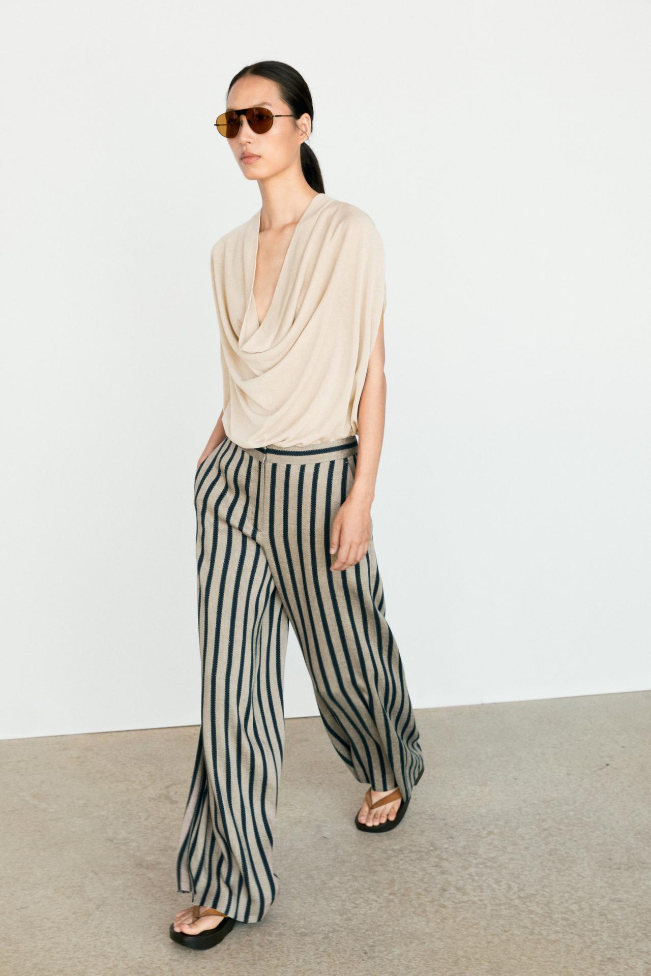 Striped linen blend wide-leg trousers — Sand