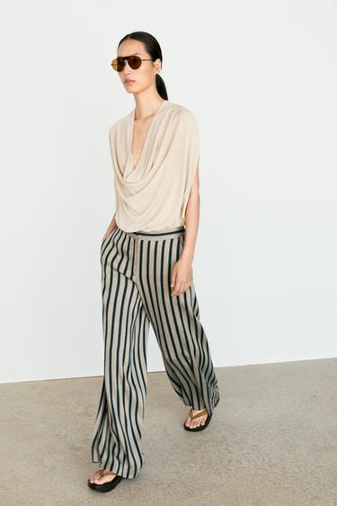 Zara Striped wide-leg linen blend pants - Sand