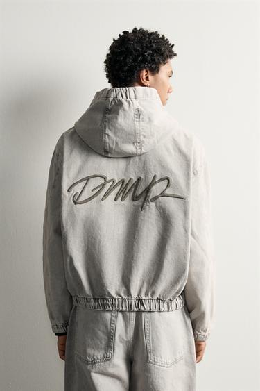 Zara DENIM HOODED JACKET WITH EMBROIDERY - Pearl gray