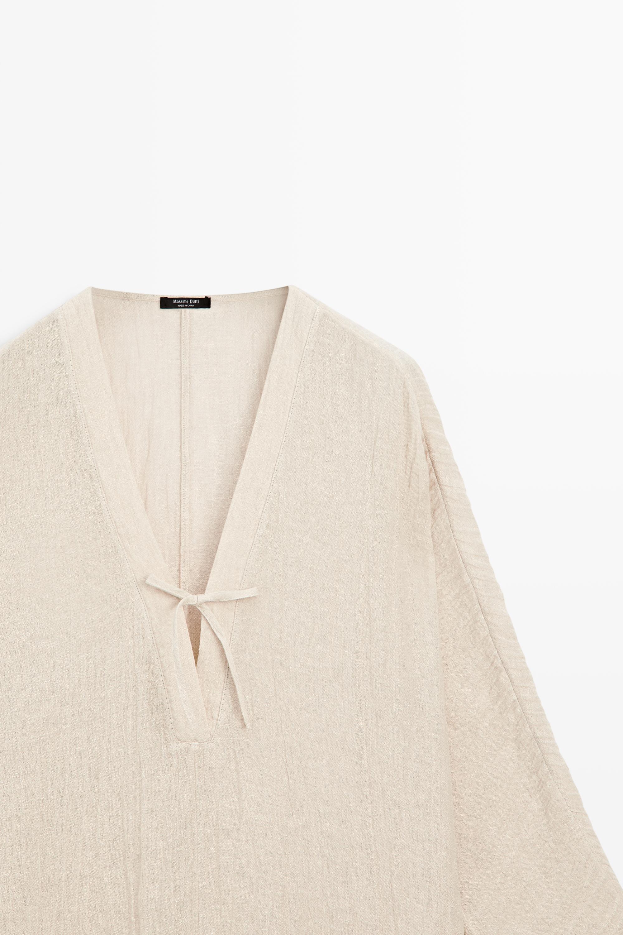 Linen blend kaftan dress with tied neckline — Oyster-white