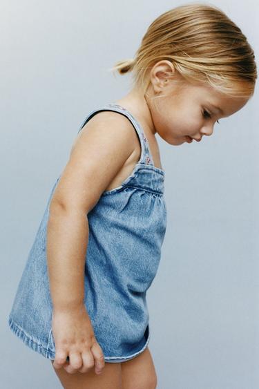 Zara EMBROIDERED DENIM PINAFORE DRESS AND BLOOMERS - Blue - Image 0