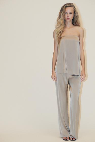 Zara STRAPLESS SATIN EFFECT TOP - Beige / Green