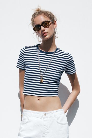CROPPED STRETCH T-SHIRT - Blue/White by Zara