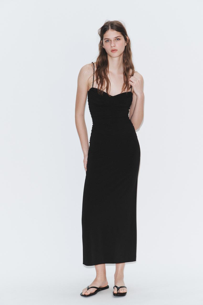 Zara - Ruched Strappy Midi Dress - Black - Xl - Woman Zara - Ruched Strappy Midi Dress - Black - Xl - Woman