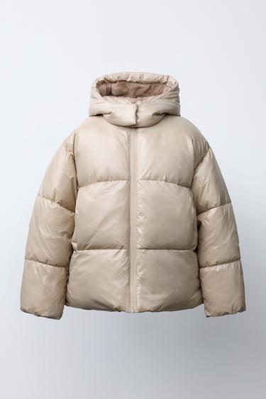 SHINY PUFFER JACKET WITH FAUX FUR LINING - Sand by Zara