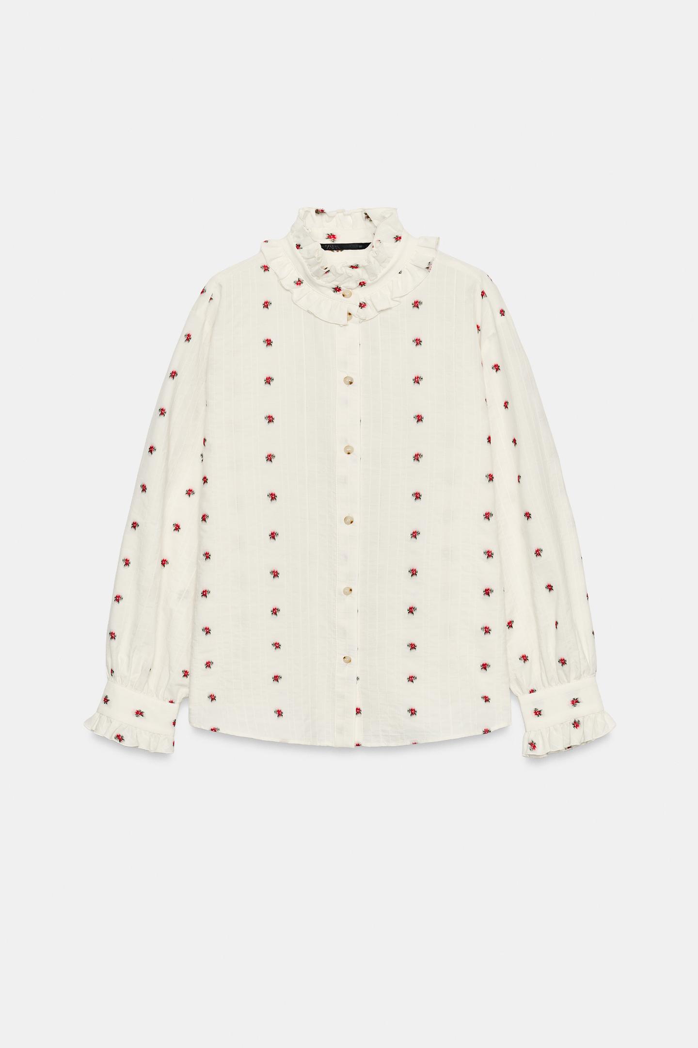 Женская блузка Zara Floral Jacquard Ruffled Blouse, цвет: Экрю / Красный — фото 6