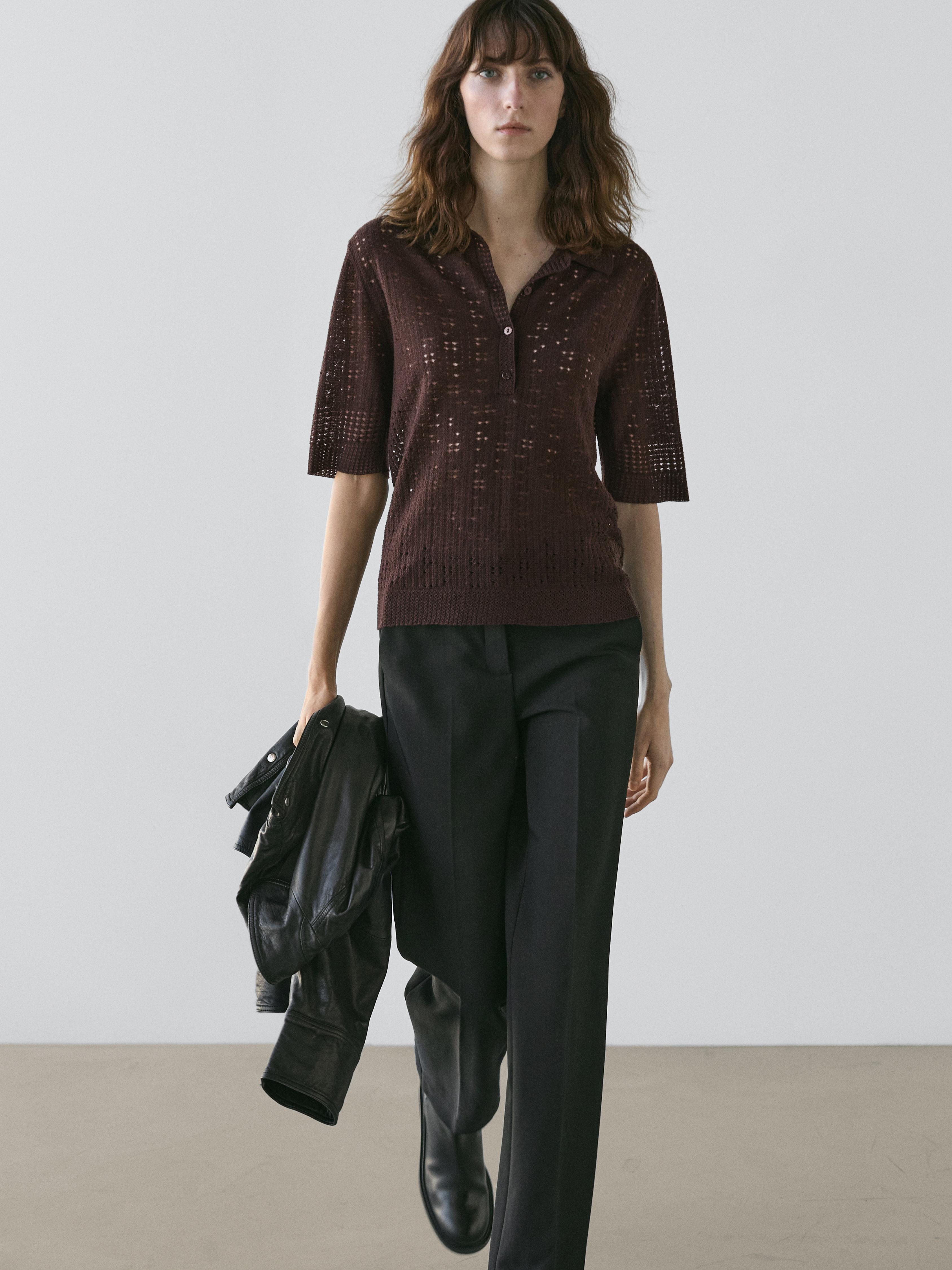 Short sleeve wool blend knit polo shirt