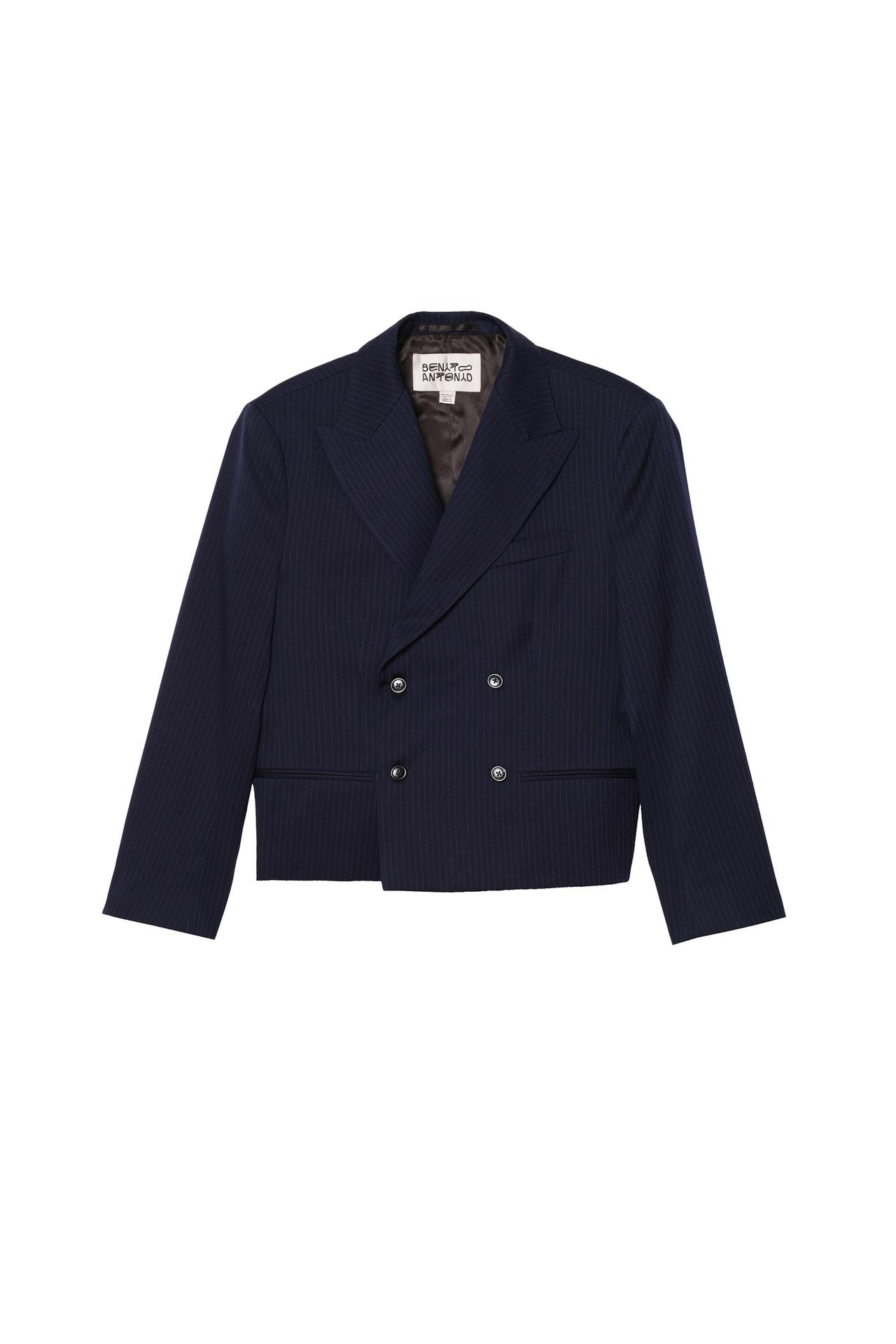 CROPPED FIT PINSTRIPE SUIT BLAZER — Navy blue
