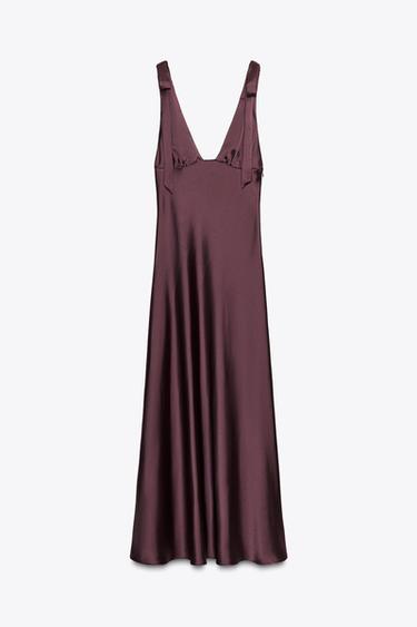SATIN MIDI DRESS WITH BOWS - Wine by Zara