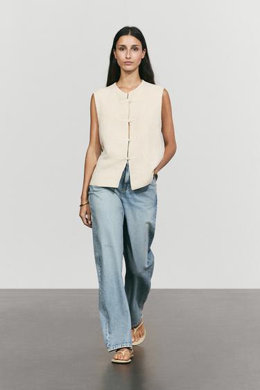 Zara Linen blend button-detail vest - Sand - Image 0