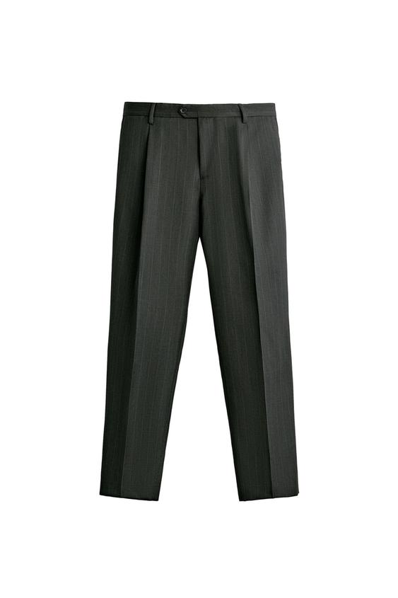 PANTALON COSTUME RAYURES 100% LAINE - Vert gris de Zara