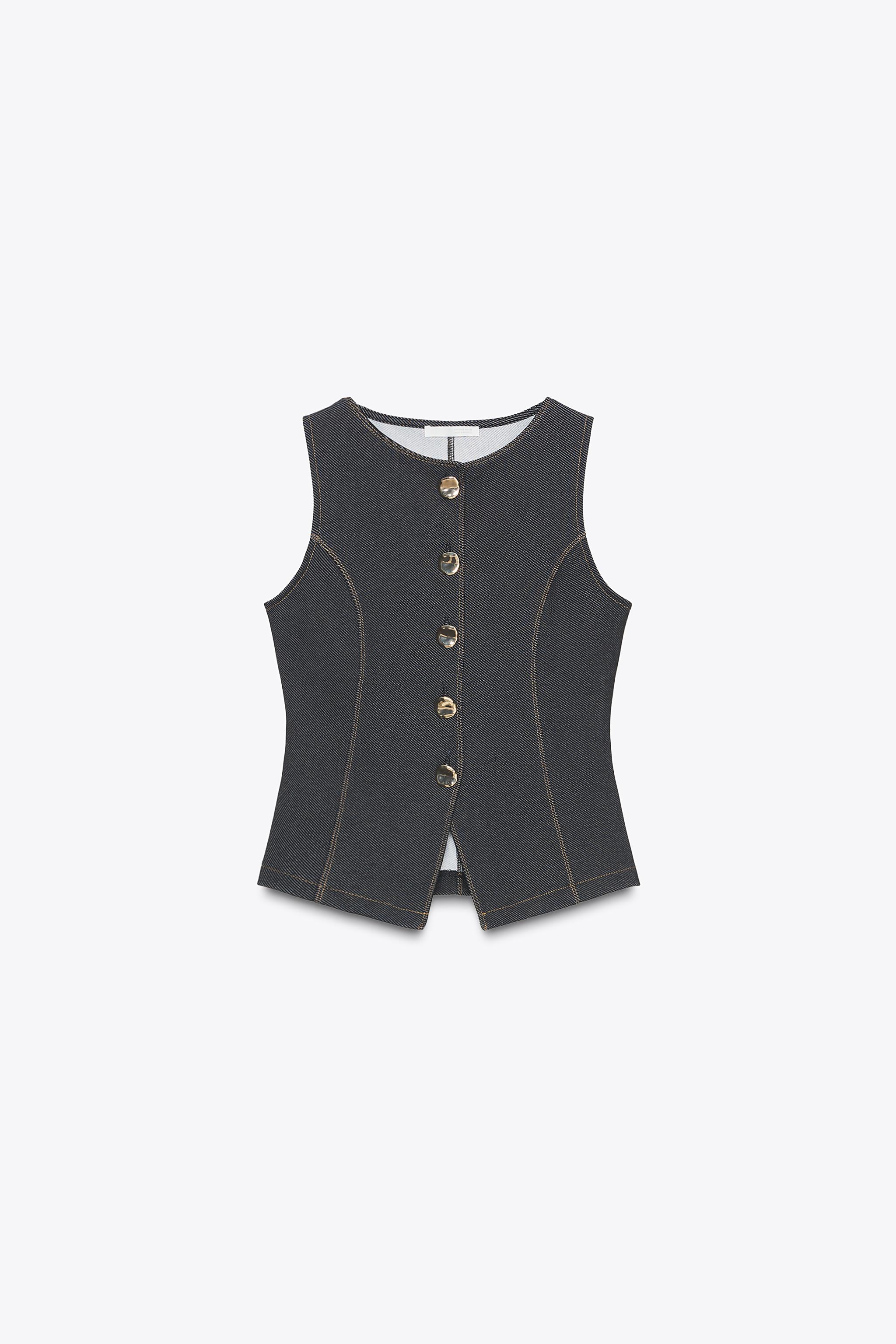 新品　UND MANY MOTIF BUTTON VEST Denim Contrast Stitch Detail Button Through Vest | Karen Millen