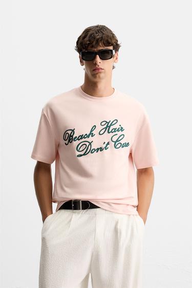 Zara EMBROIDERED TEXT T-SHIRT - Pale pink