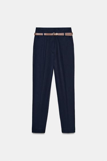 PANTALONI A VITA ALTA CON CINTURA - Blu Marino di Zara