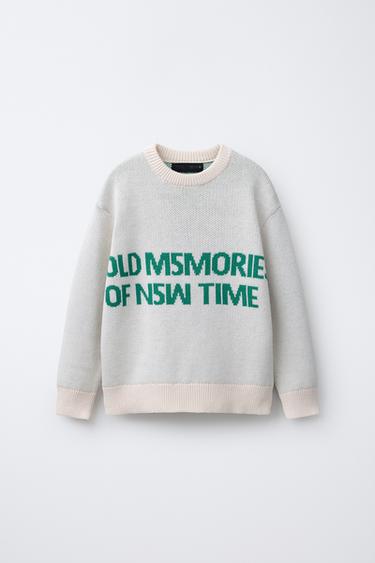 EMBROIDERED SLOGAN KNIT SWEATER - Ecru / Green by Zara - Image 0
