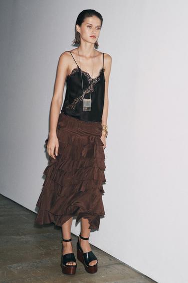 ZW COLLECTION MIDI SKIRT WITH RUFFLES - Brown by Zara