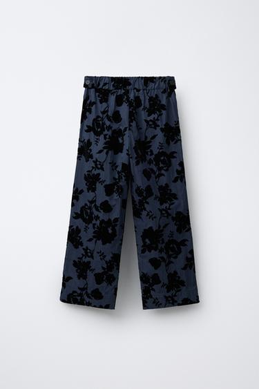 PANTALON DROIT À IMPRIMÉ FLEURS FLOQUÉES - Bleu de Zara - Image 1