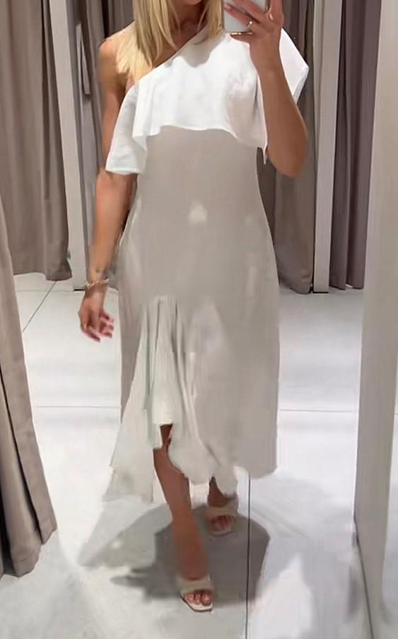 zara asymmetric linen dress ZW COLLECTION BLEND WITH RUFFLES SECOND HAND A Conversation Masterpiece A-Line High Waist Dresses Size:x-small Asymmetric neckline and cape