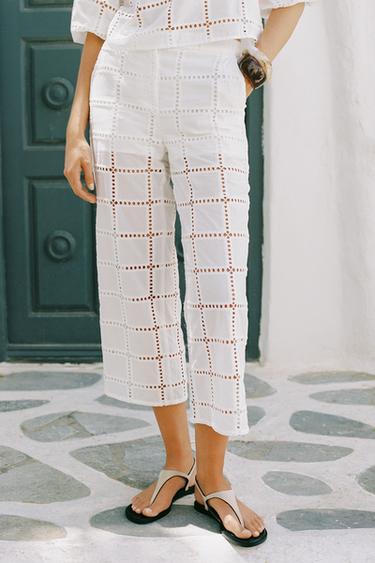 Zara STRAIGHT LEG PANTS WITH OPENWORK EMBROIDERY - White - Image 0