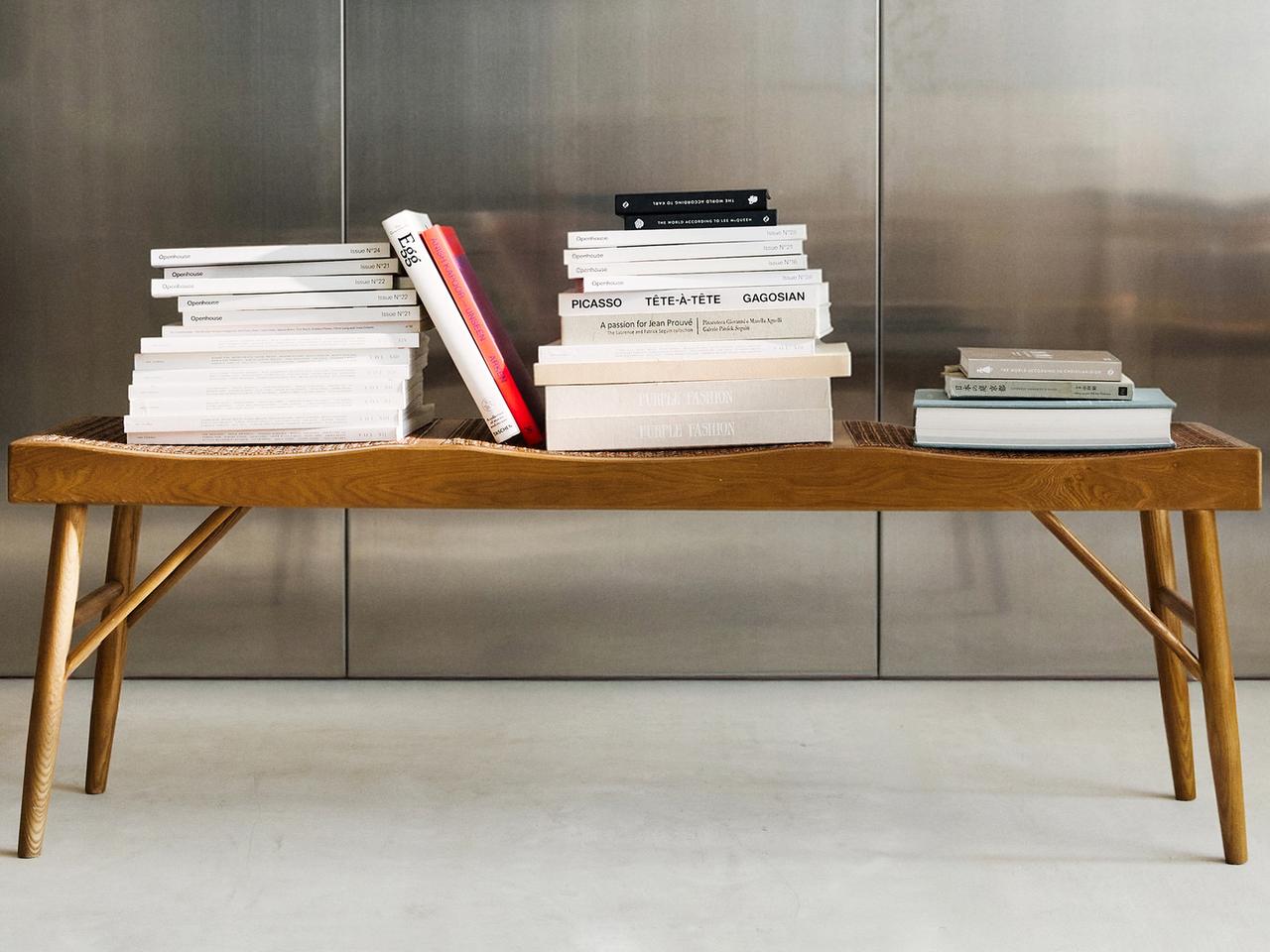 WOOD AND RATTAN BENCH — Brown