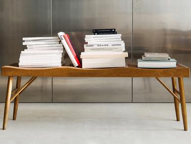 WOOD AND RATTAN BENCH — Brown 1