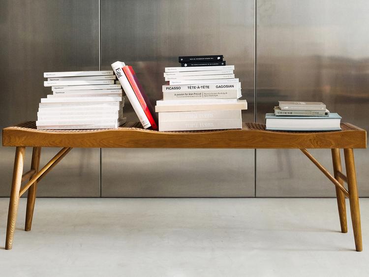 WOOD AND RATTAN BENCH — Brown