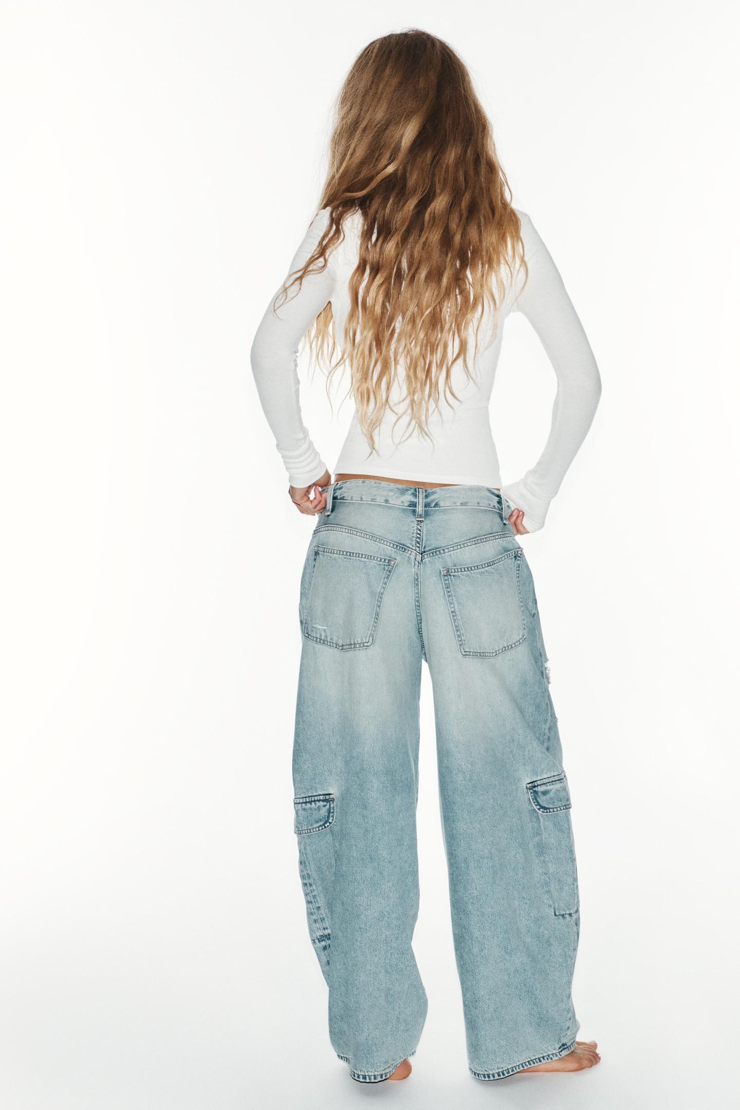 Женские джинсы Zara Mid-Rise Turned-Waistballoon Cargo, цвет: Светлый синий — фото 6