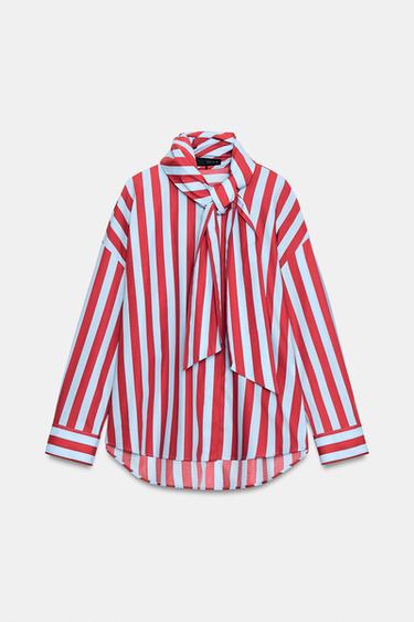 Zara TIED STRIPED SHIRT - Red Stripe