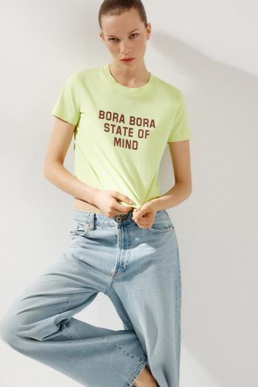Zara MAJICA S TEKSTOM I EFEKTOM ISPRANOSTI – zelena limeta