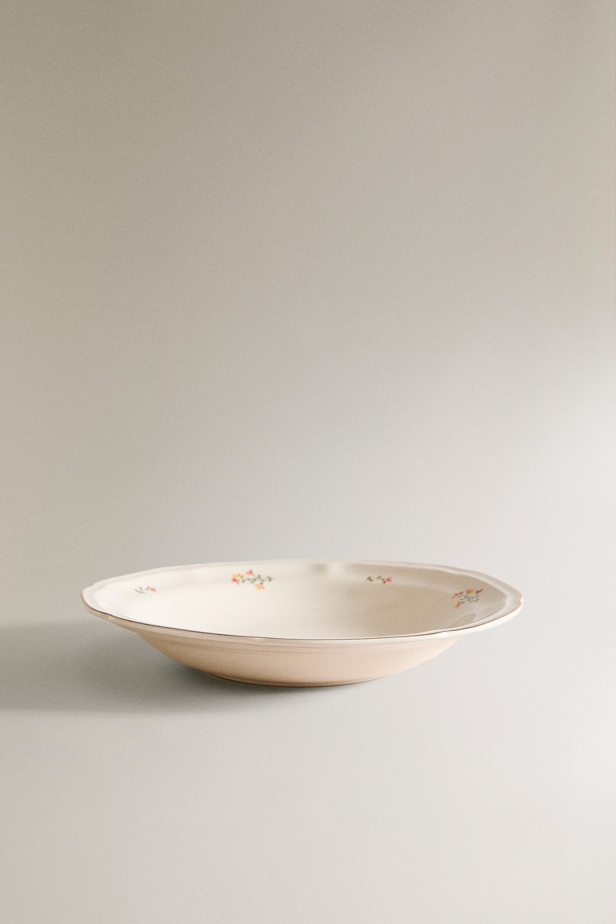 FLORAL PORCELAIN SOUP PLATE — Cream
