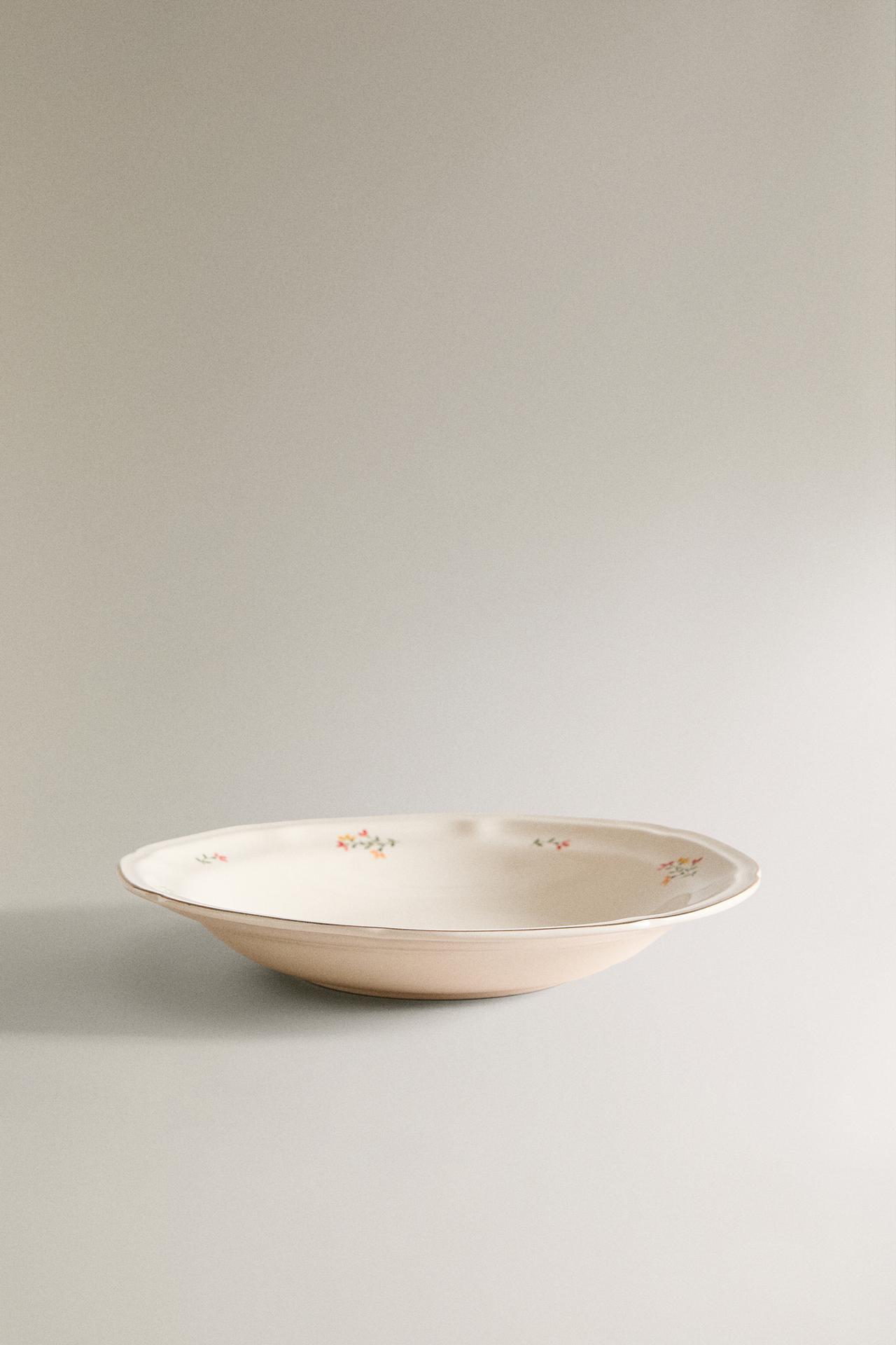 FLORAL PORCELAIN SOUP PLATE — Cream