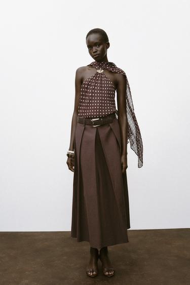 Zara BELTED MIDI A-LINE SKIRT - Brown - Image 0