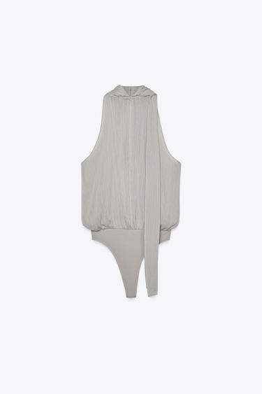 CHIFFON BODYSUIT WITH TIE - Pearl grey by Zara - Image 5