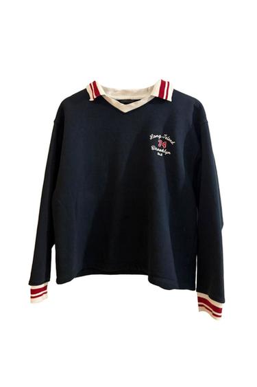 NAVY COLLARED SWEATSHIRT WITH EMBROIDERED WRITING
