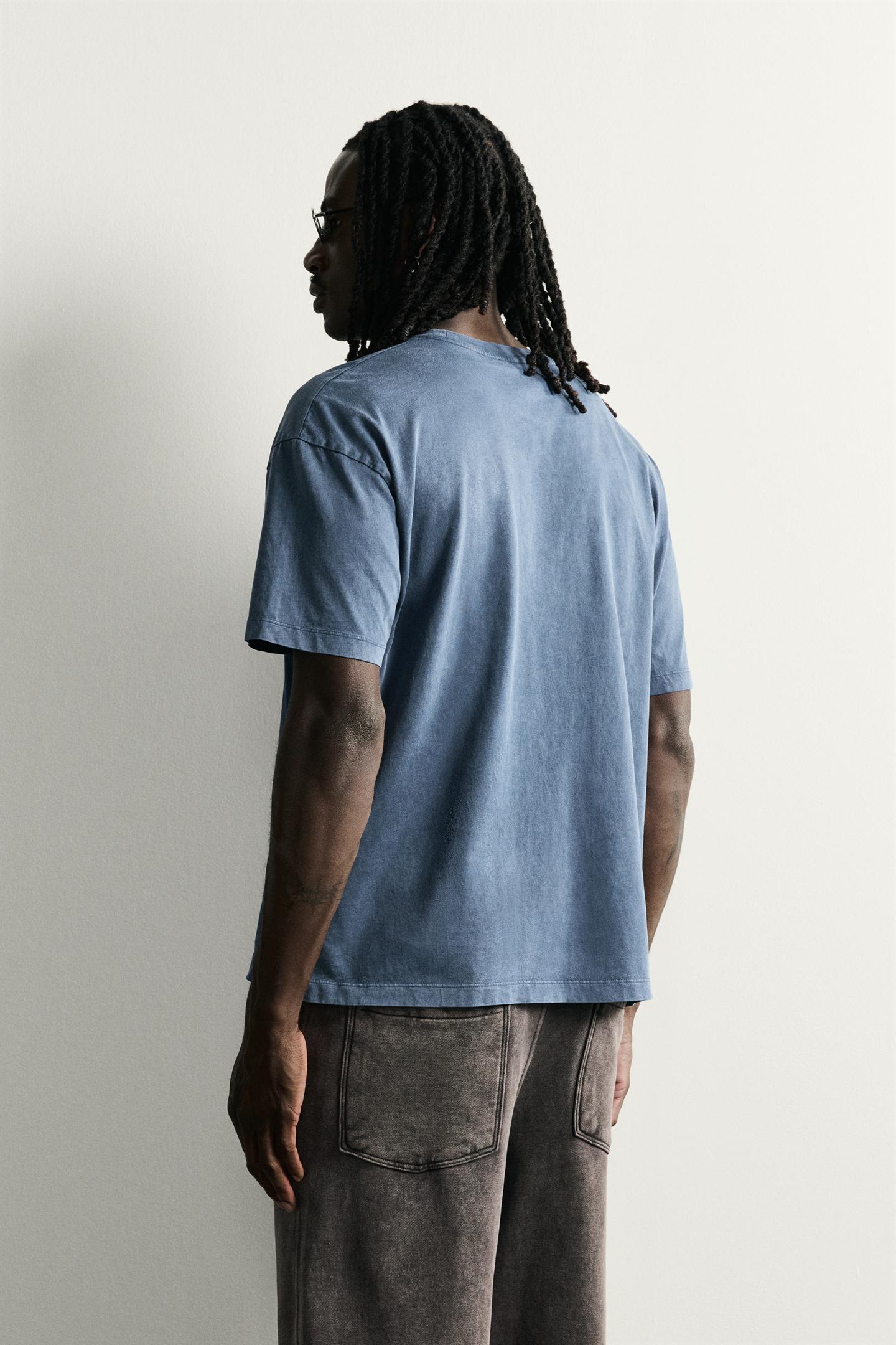 Мужская футболка Zara Washed Effect Text, цвет: Синий — фото 3