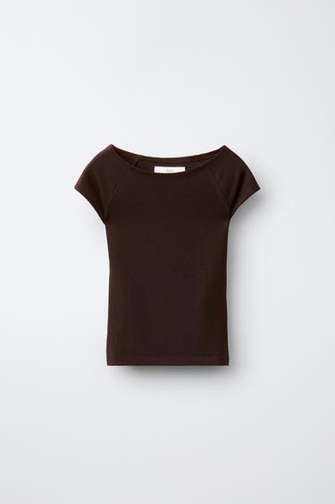 Zara PLAIN MODAL T-SHIRT - Brown