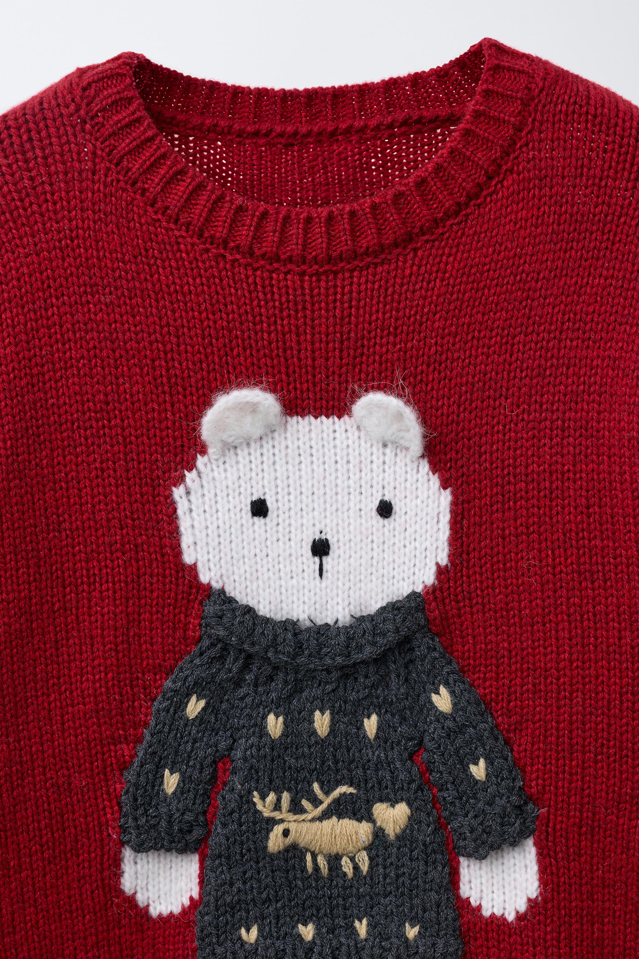 AGES 7-12 / WOOL BLEND KNIT SWEATER WITH EMBROIDERED BEAR